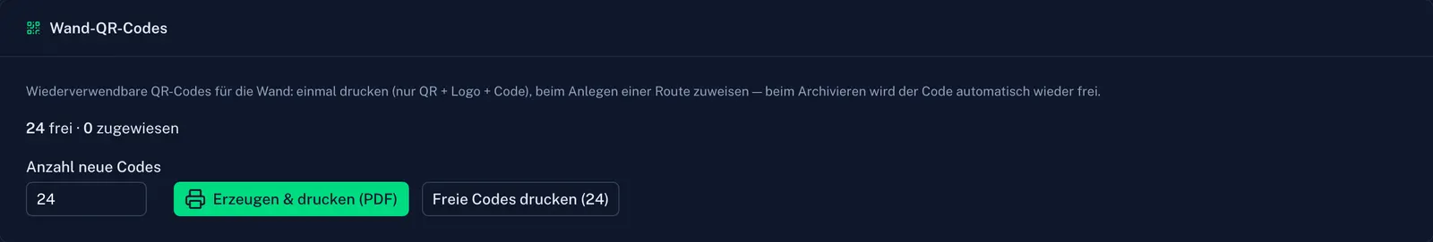 Wand-QR-Codes im Portal: wiederverwendbare Codes erzeugen und drucken
