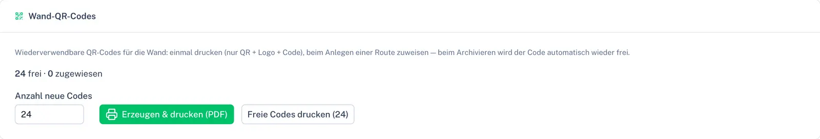 Wand-QR-Codes im Portal: wiederverwendbare Codes erzeugen und drucken