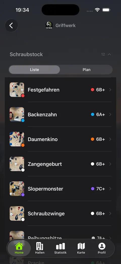 Routen-Liste in der BornToClimb iOS-App