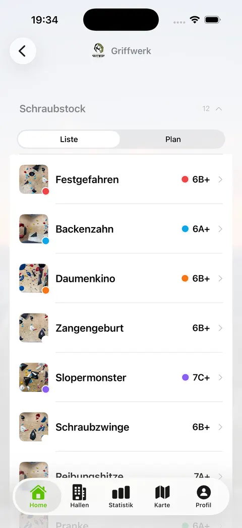 Routen-Liste in der BornToClimb iOS-App