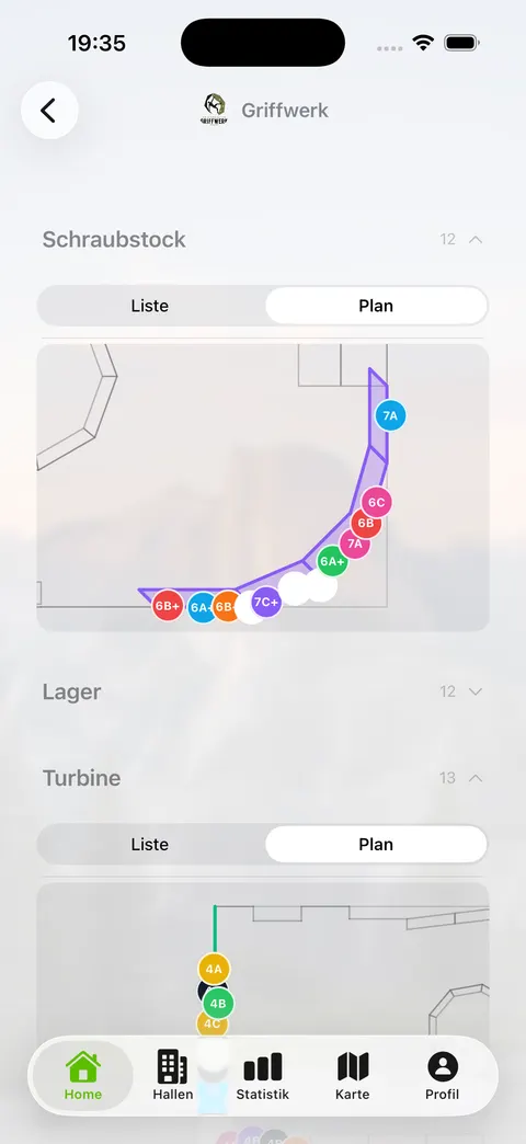 Sektorplan mit Routen-Pins in der iOS-App
