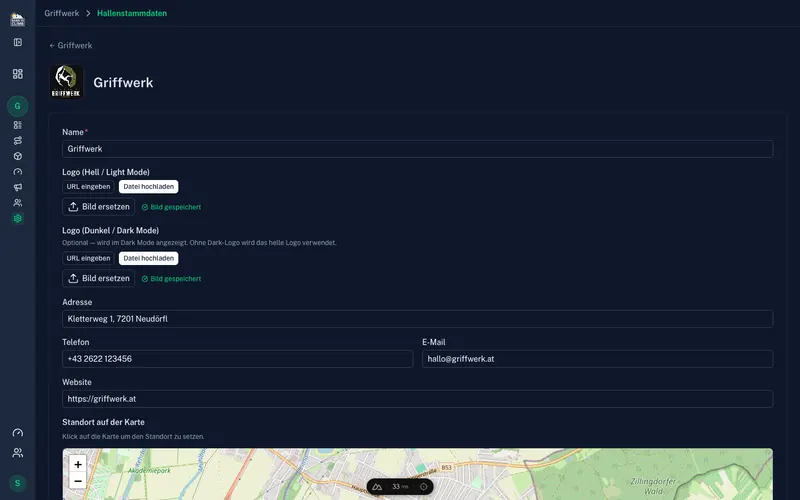 Hallen-Bearbeiten mit Logo und Adresse im Portal