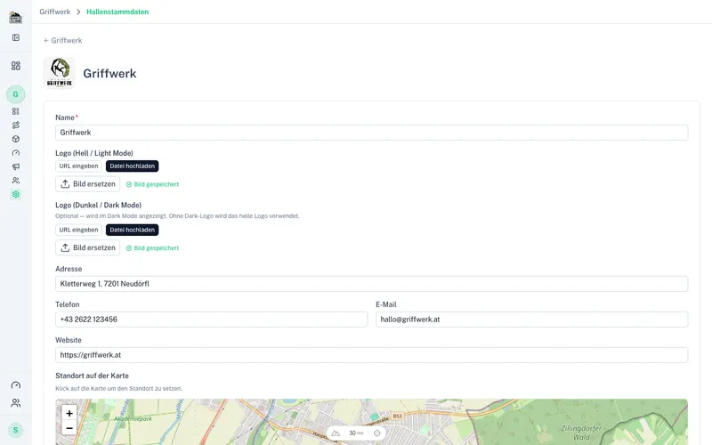 Hallen-Bearbeiten mit Logo und Adresse im Portal