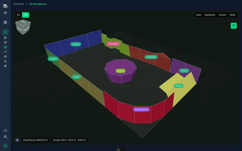 3D-Wandplaner im Portal mit Wandgeometrie und Maßangaben