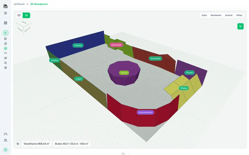 3D-Wandplaner im Portal mit Wandgeometrie und Maßangaben